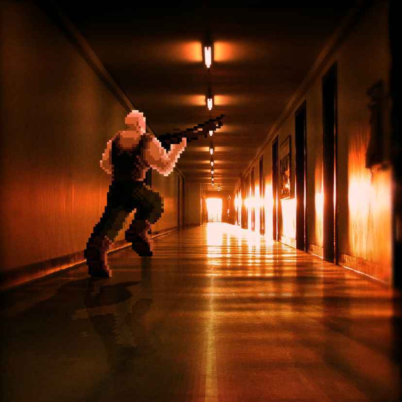 Cover Image for Beta Commando. A pixellated character runs down a hallway, towards the setting sun.